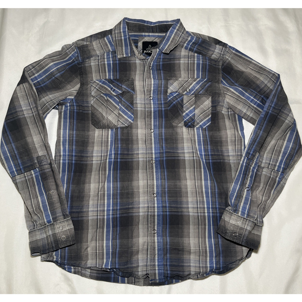 prAna Snap Front Shirt Mens Size M Grey Blue Plaid Western Long Sleeve Organic